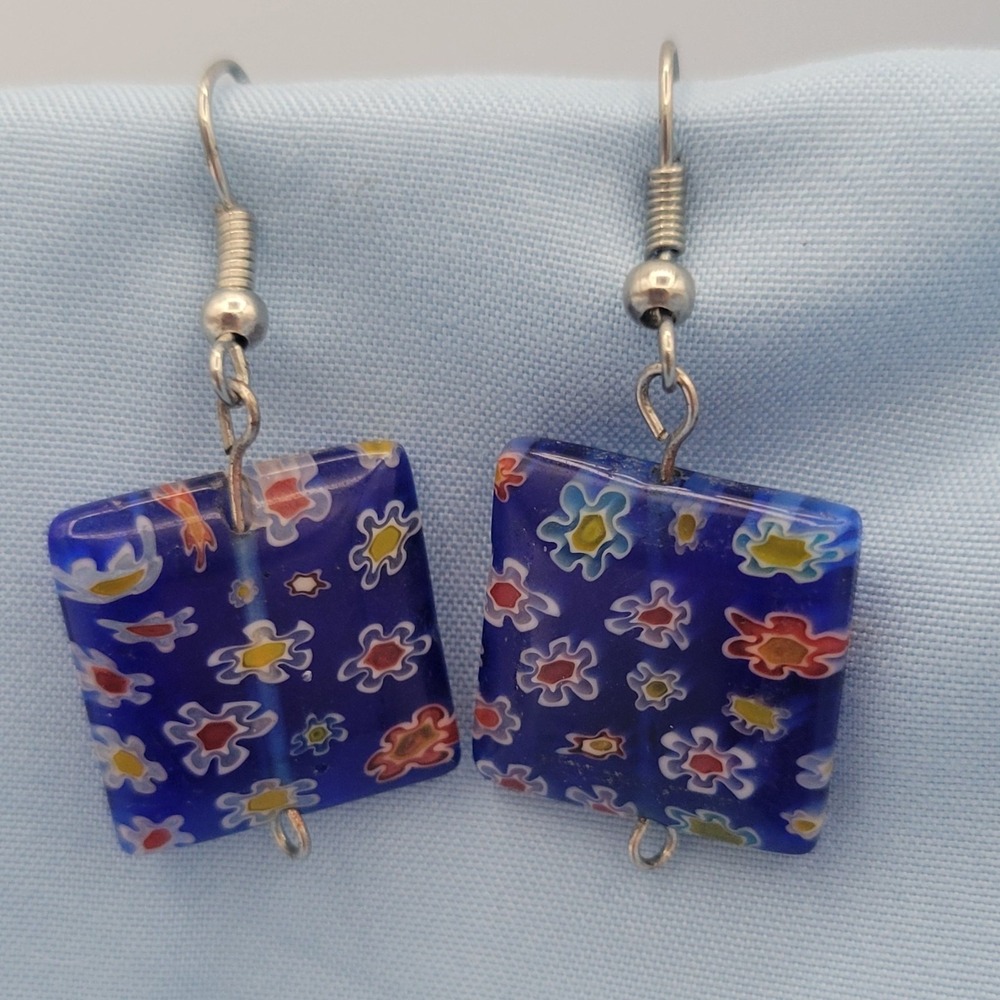 Vintage Drop Dangle Milliefiori Flower Multicolored Pierced Earrings .75” Blue - Picture 4 of 7